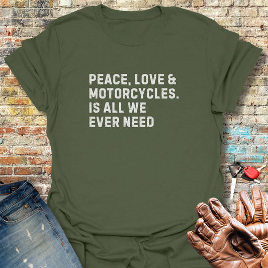 Peace Love & Motorcycles (Text) T-Shirt - Military Green
