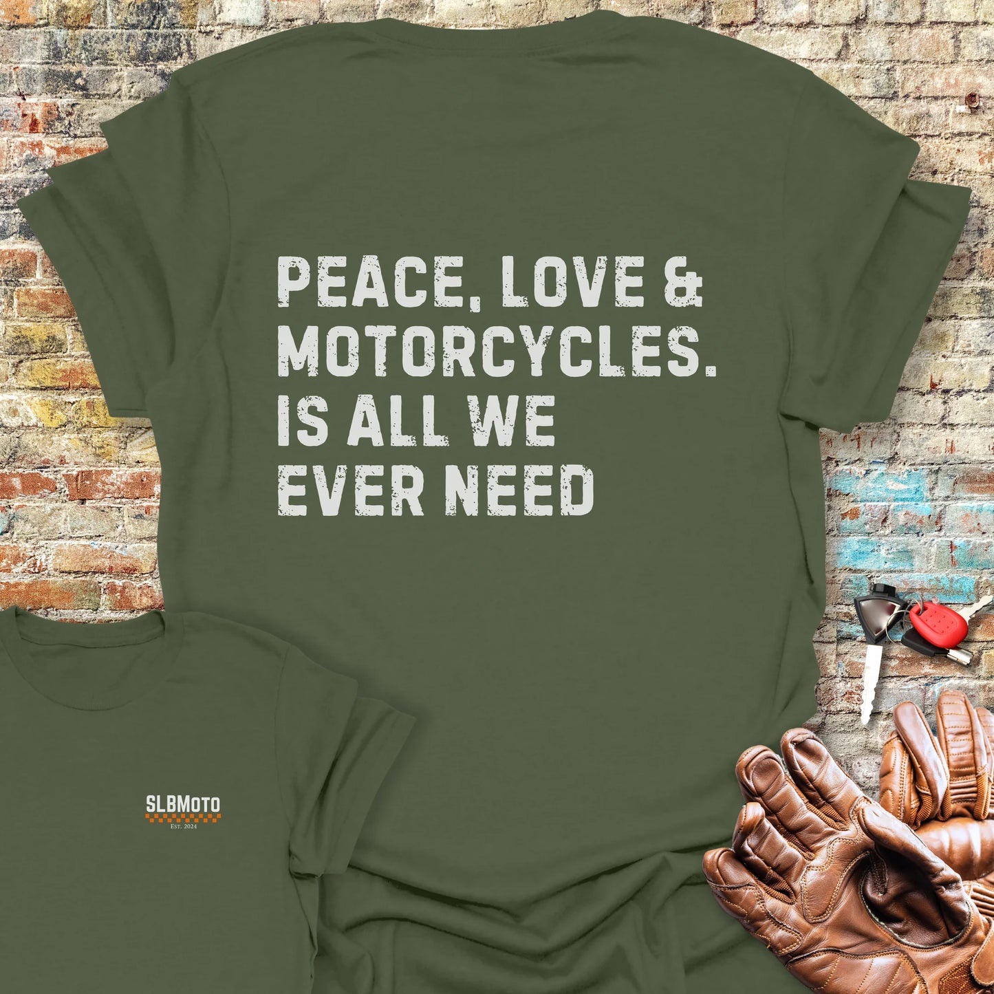 Peace Love & Motorcycles (Text) Back Print T-Shirt - Military Green