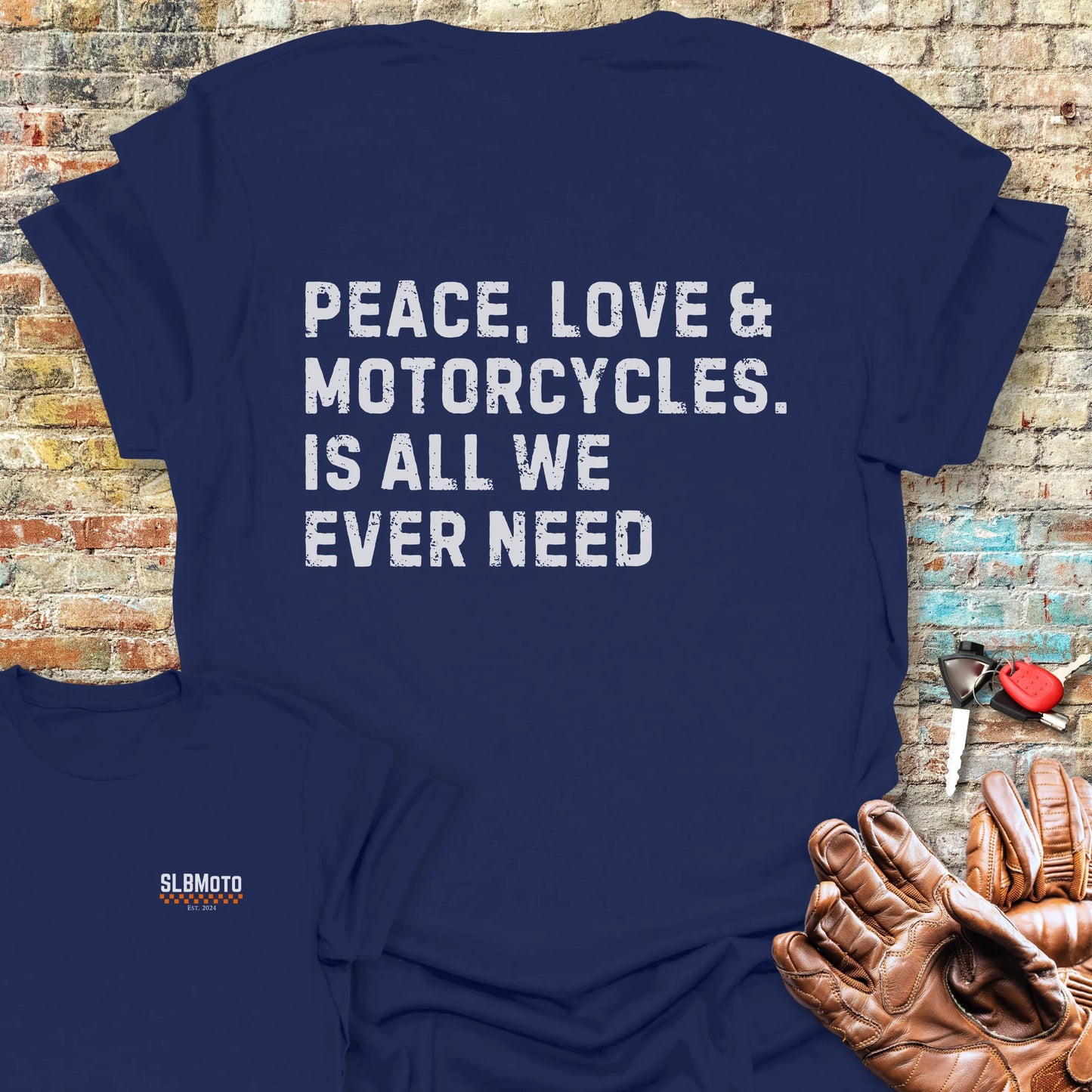 Peace Love & Motorcycles (Text) Back Print T-Shirt - Navy