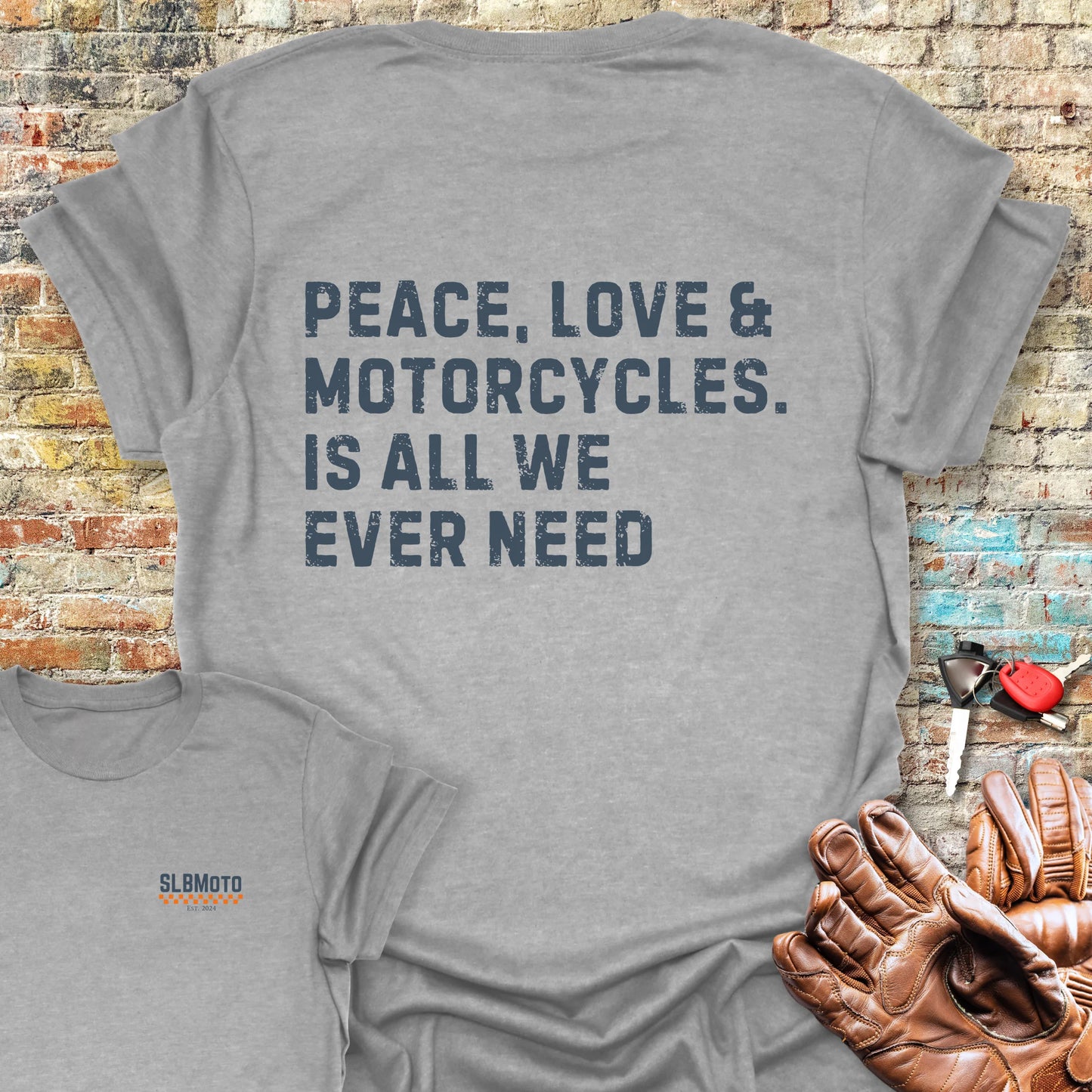 Peace Love & Motorcycles (Text) Back Print T-Shirt - Sport Grey