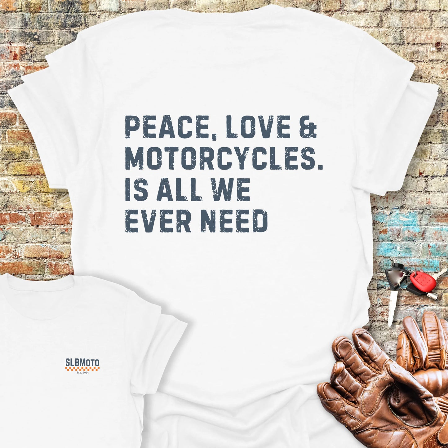 Peace Love & Motorcycles (Text) Back Print T-Shirt - White