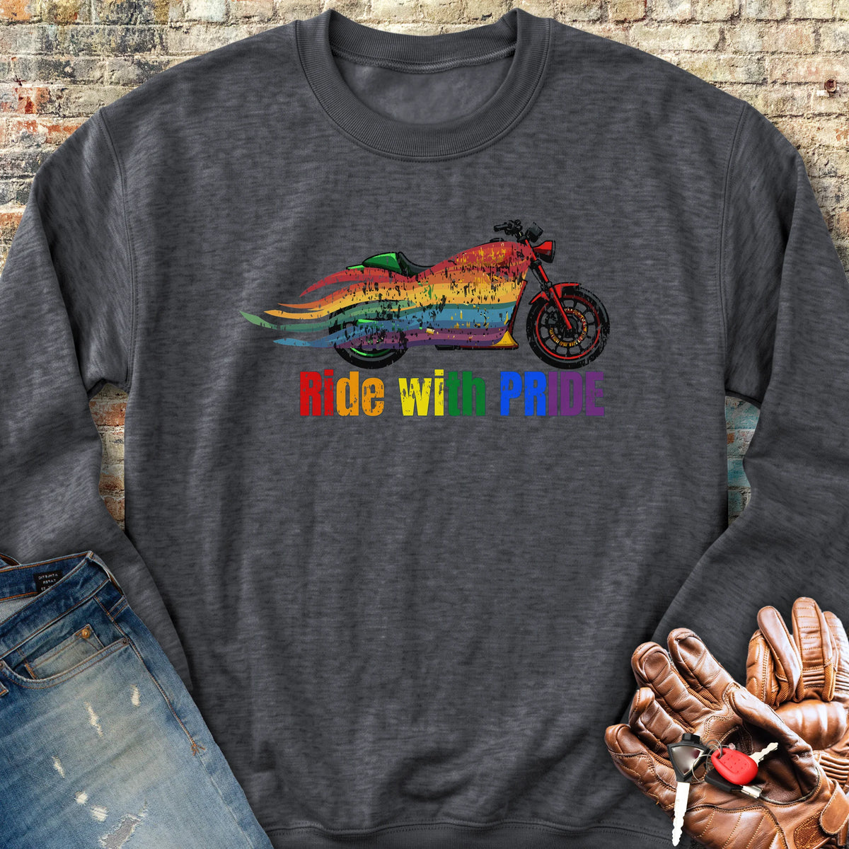 Rainbow Motorcycle Sweatshirt - Dark Heather
