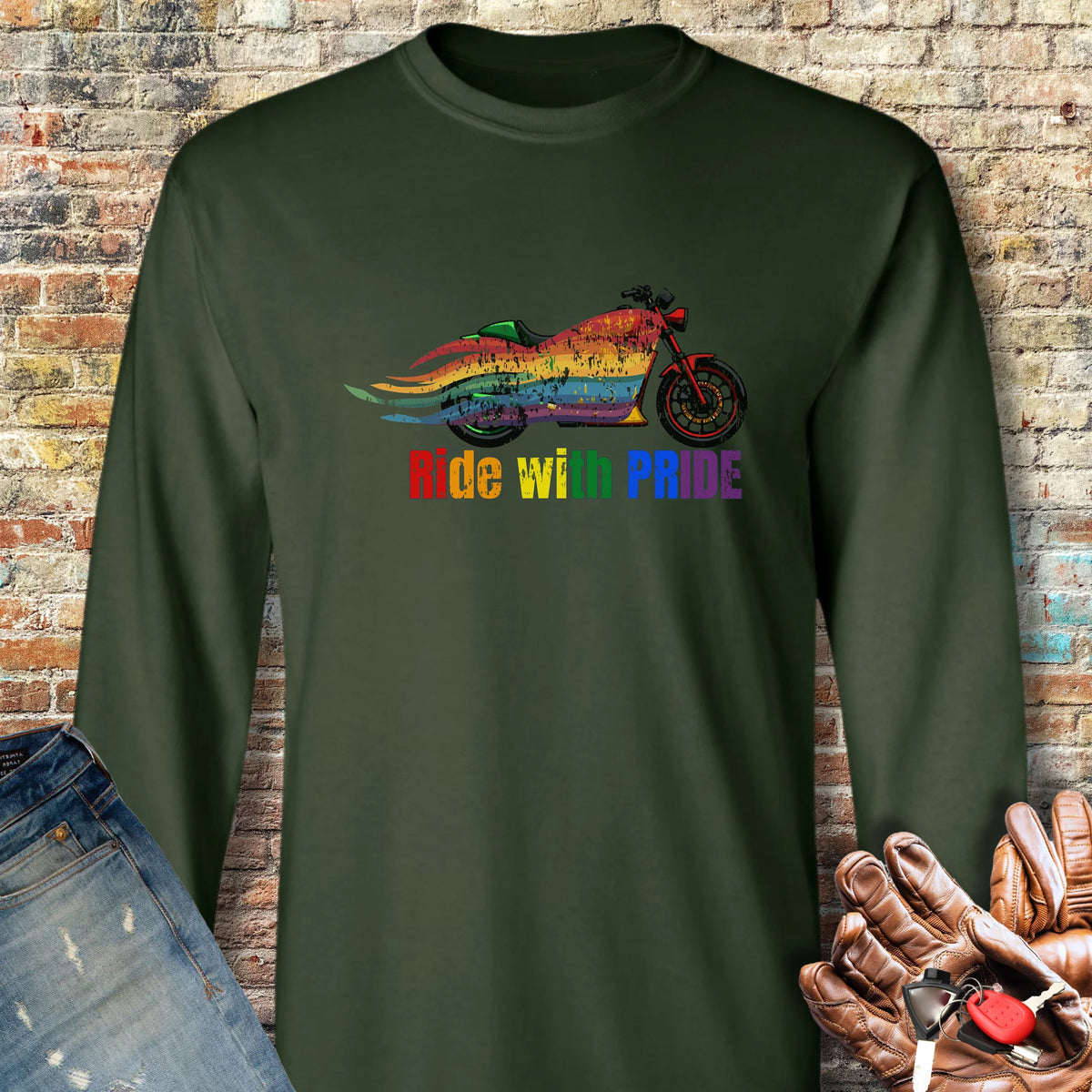 Rainbow Motorcycle Long Sleeve T-Shirt - Forest Green