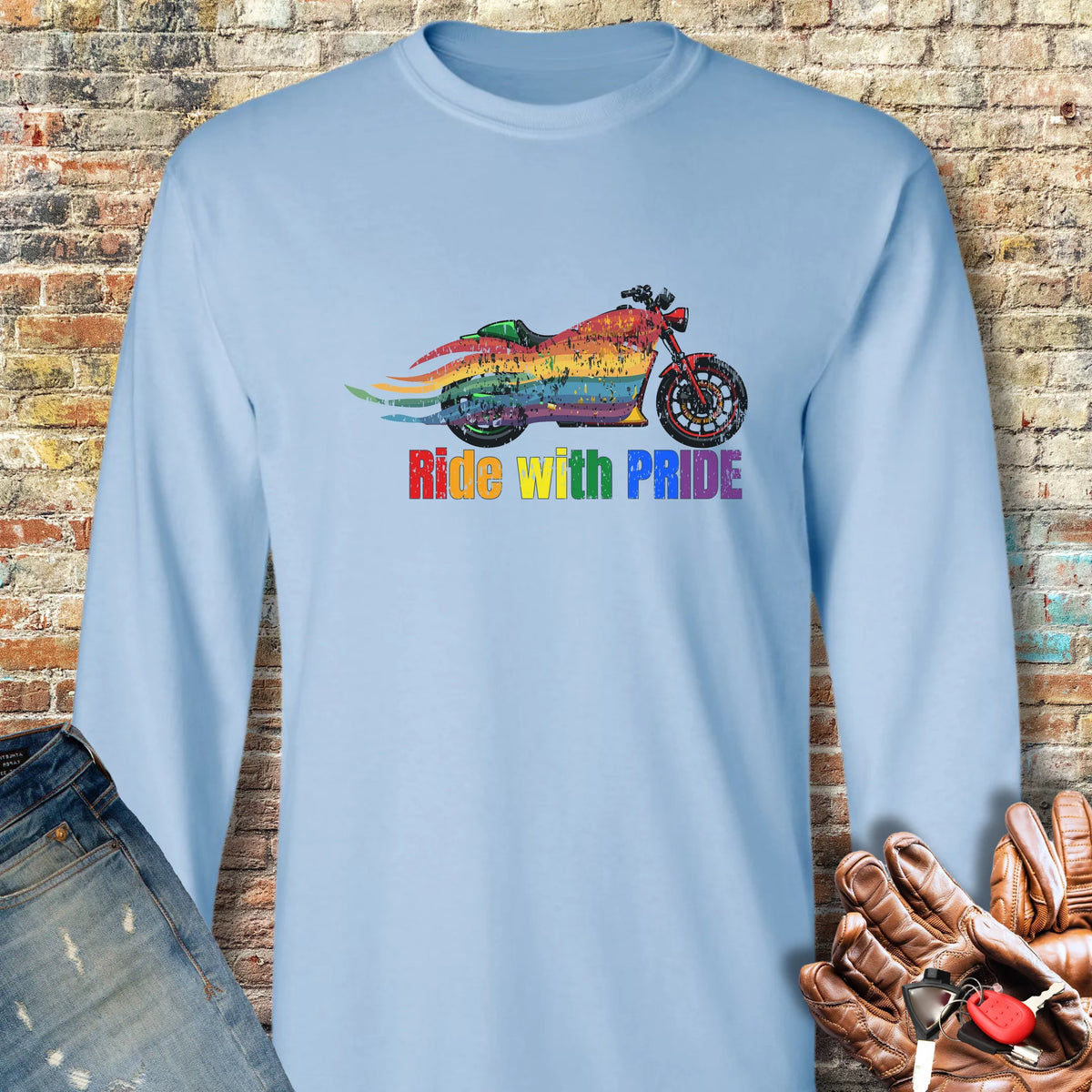 Rainbow Motorcycle Long Sleeve T-Shirt - Light Blue