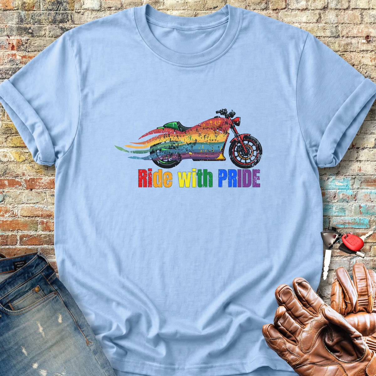 Rainbow Motorcycle Classic T-Shirt - Light Blue