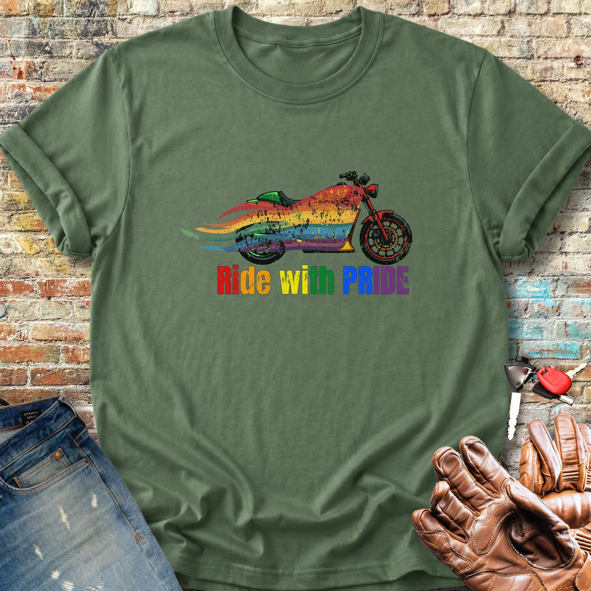 Rainbow Motorcycle Classic T-Shirt - Military Green