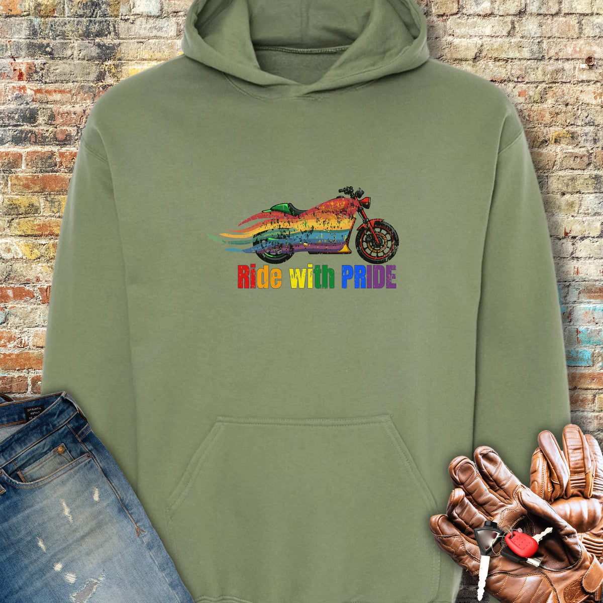 Rainbow Motorcycle Hoodie - Military Green