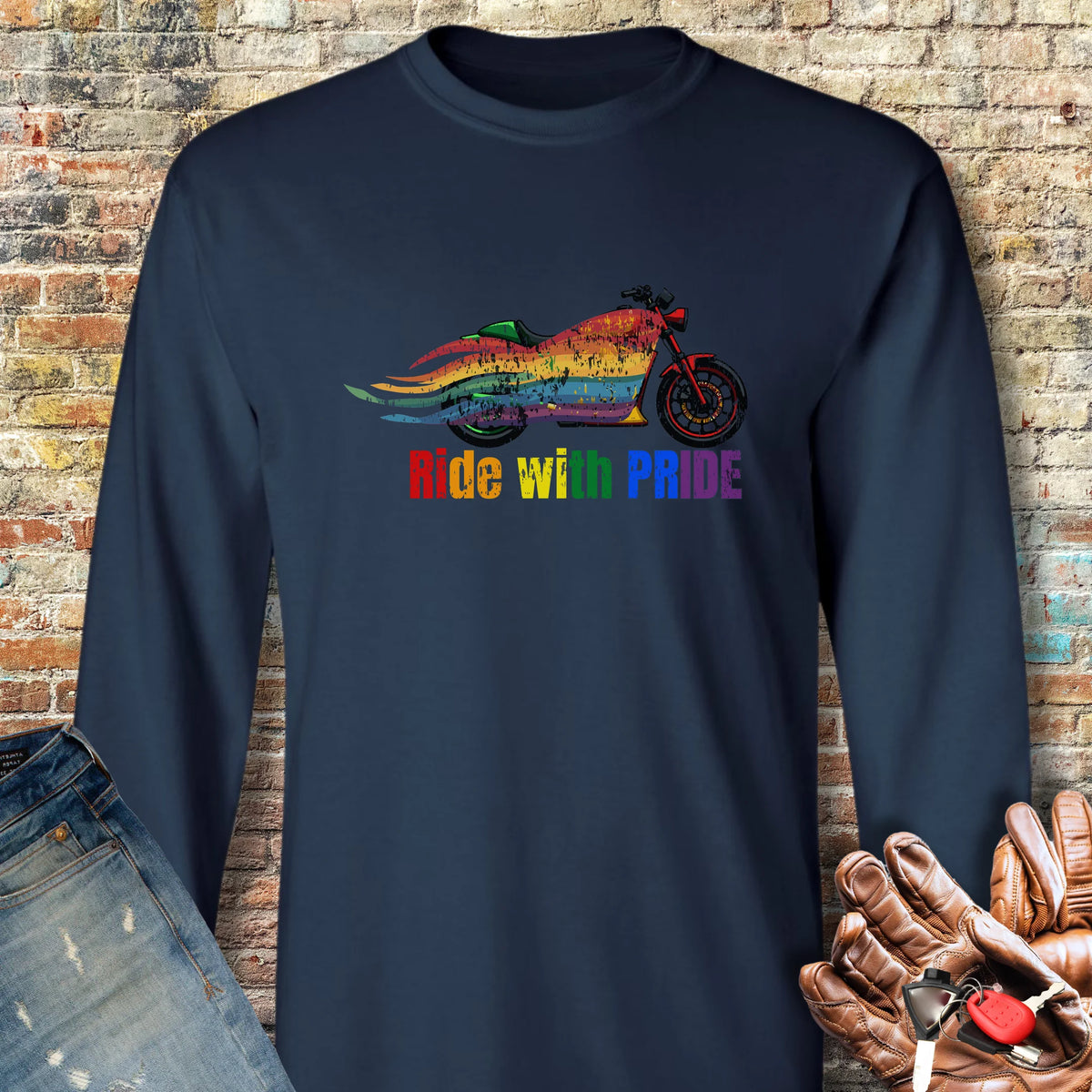 Rainbow Motorcycle Long Sleeve T-Shirt - Navy