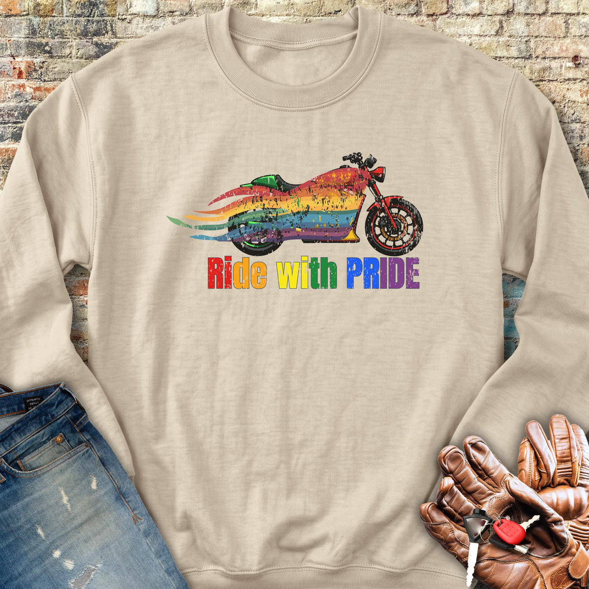 Rainbow Motorcycle Sweatshirt - Sand