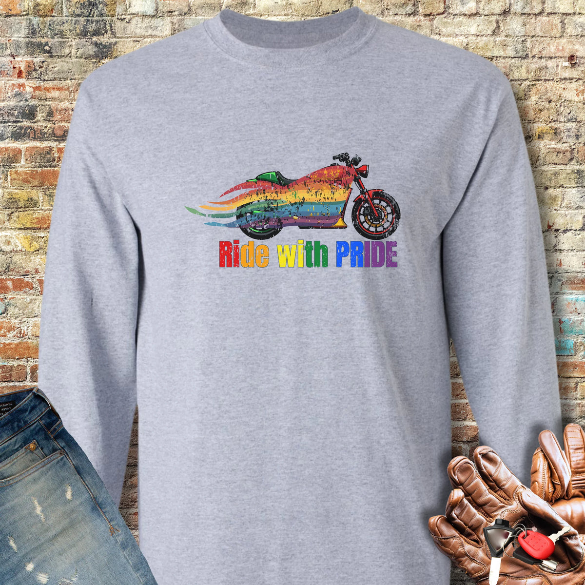 Rainbow Motorcycle Long Sleeve T-Shirt - Sport Grey