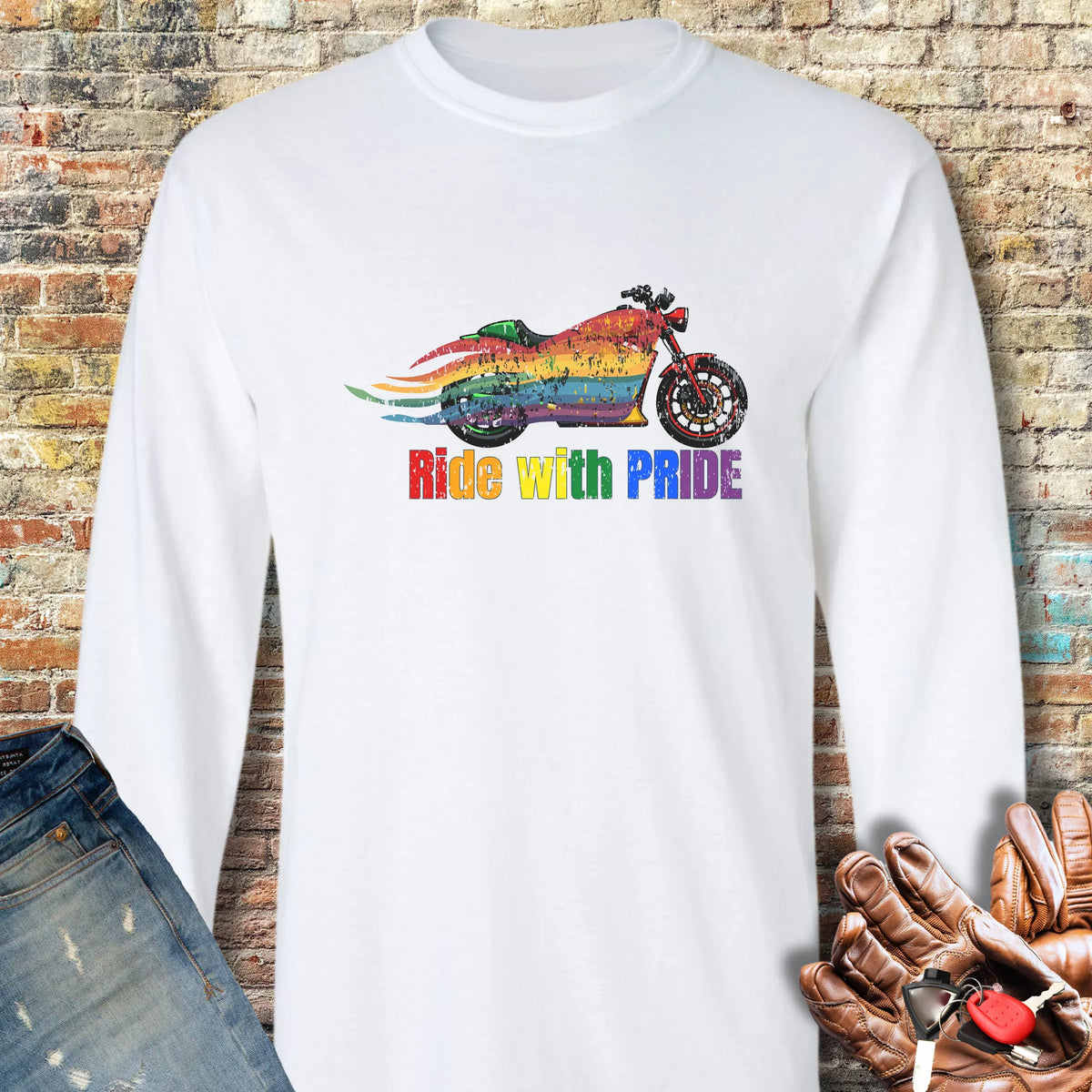 Rainbow Motorcycle Long Sleeve T-Shirt - White