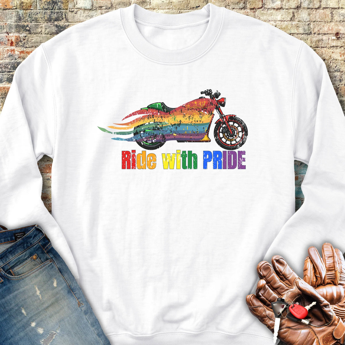 Rainbow Motorcycle Sweatshirt - White