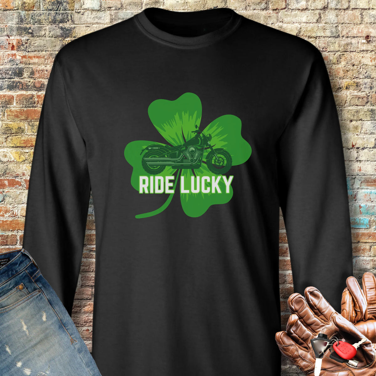 Ride Lucky (Shamrock) Long Sleeve T-Shirt - Black
