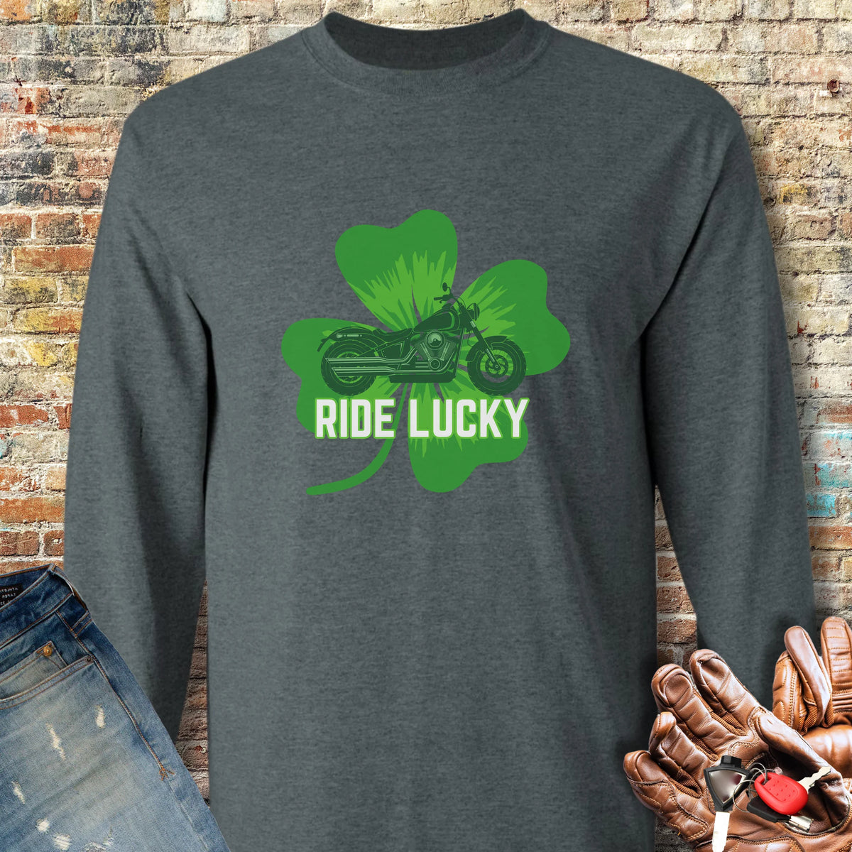 Ride Lucky (Shamrock) Long Sleeve T-Shirt - Dark Heather