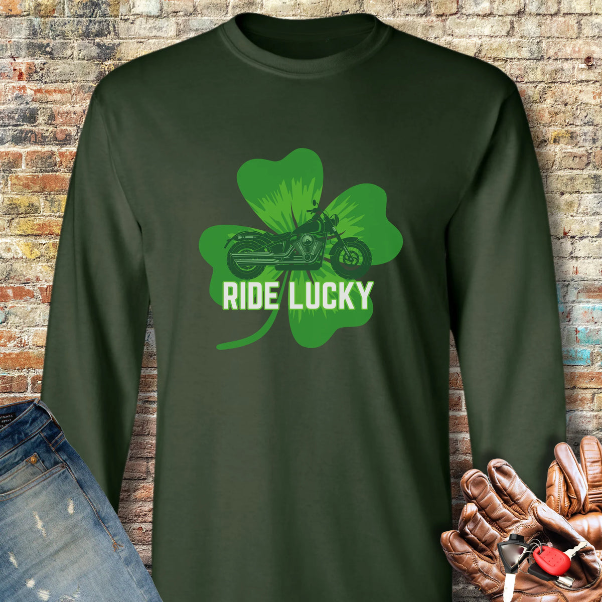Ride Lucky (Shamrock) Long Sleeve T-Shirt - Forest Green