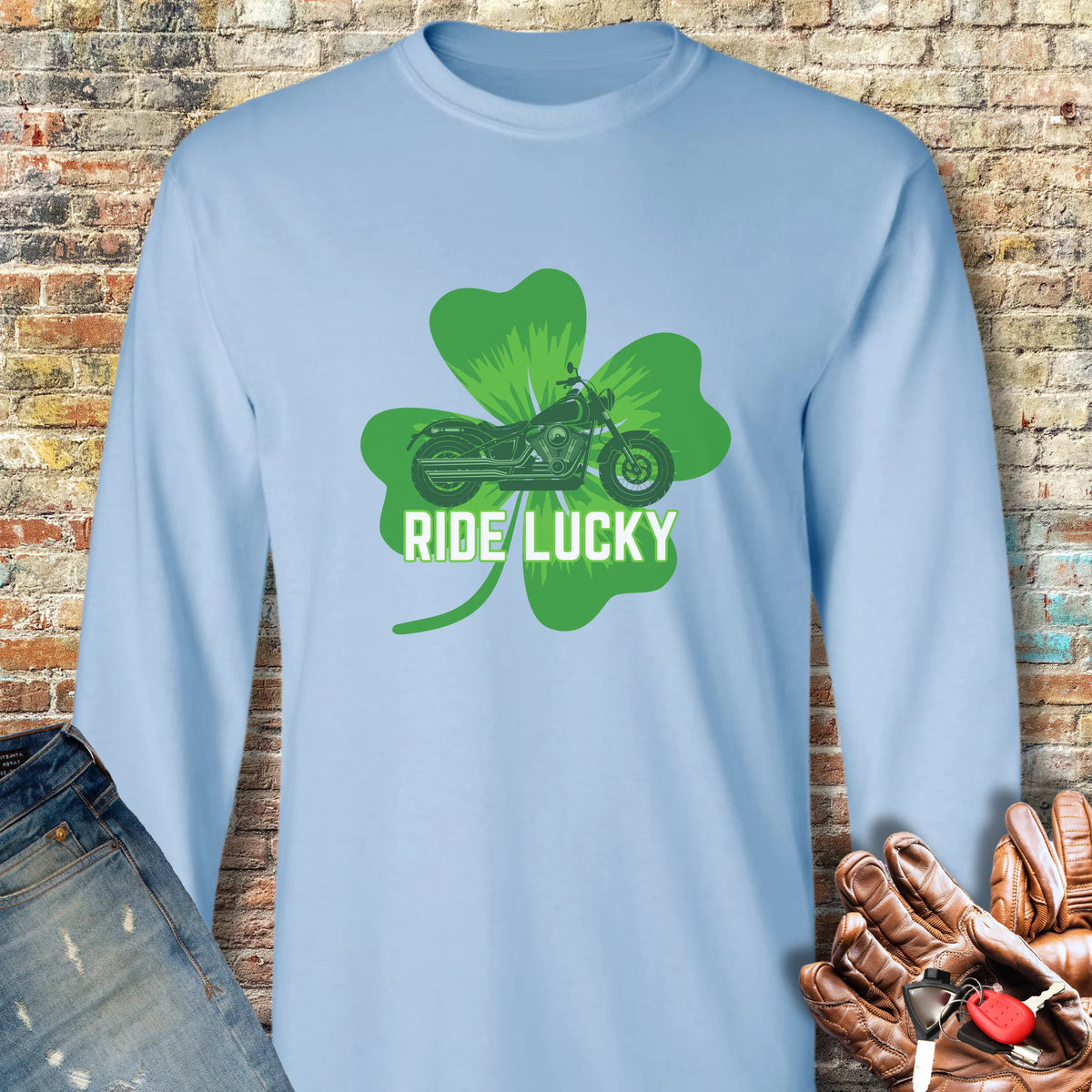 Ride Lucky (Shamrock) Long Sleeve T-Shirt - Light Blue