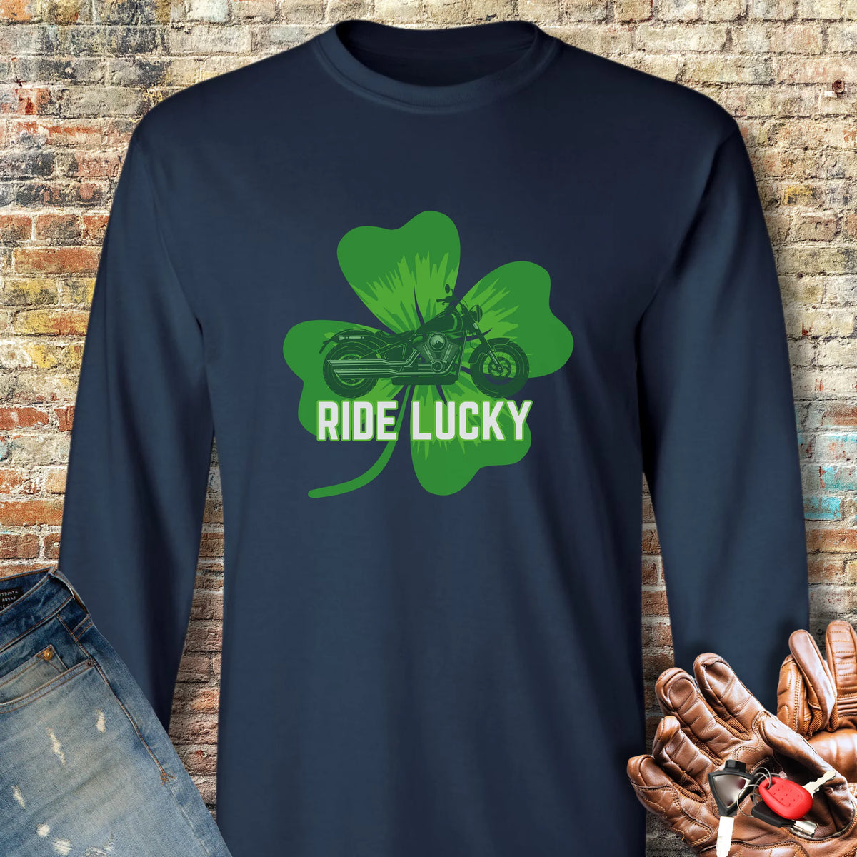 Ride Lucky (Shamrock) Long Sleeve T-Shirt - Navy