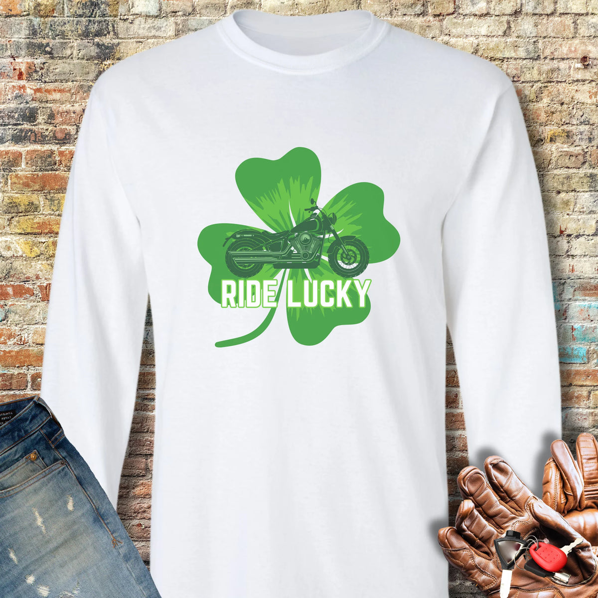 Ride Lucky (Shamrock) Long Sleeve T-Shirt - White