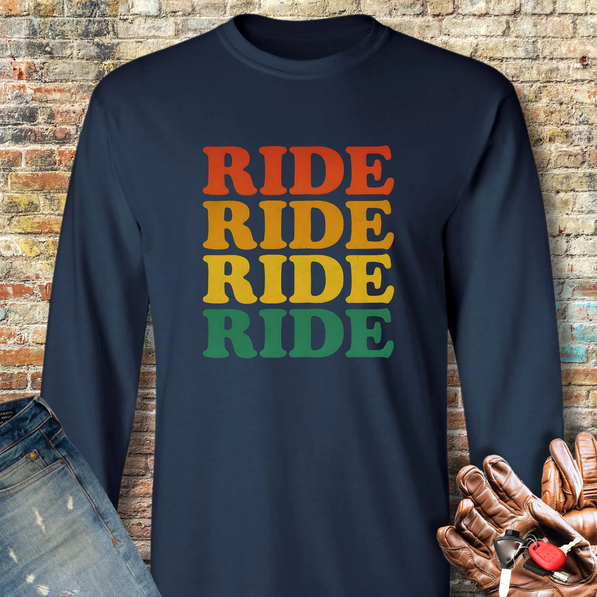 Ride Ride Ride Long Sleeve T-Shirt - Navy