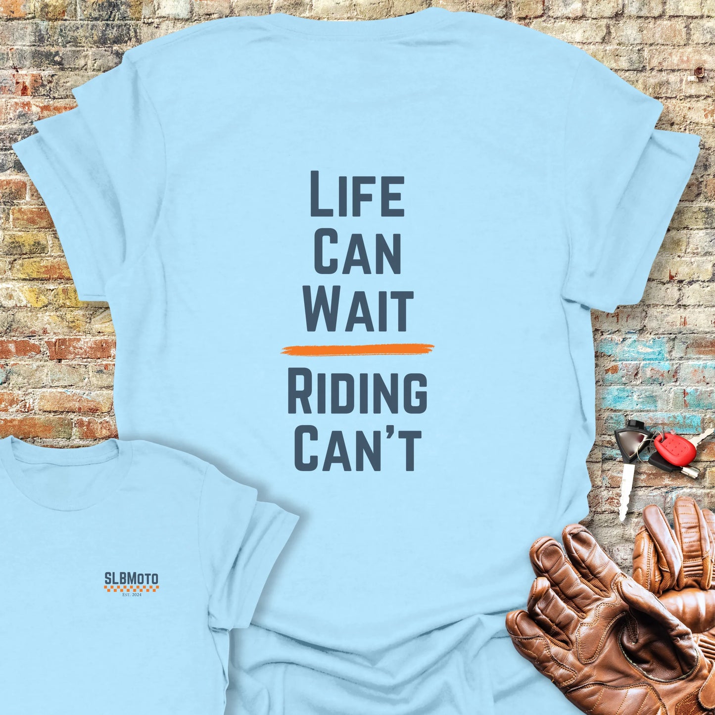 Riding Can't Back Print T-Shirt - Light Blue