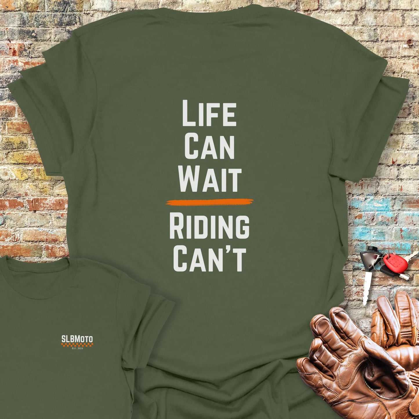 Riding Can't Back Print T-Shirt - Military Green