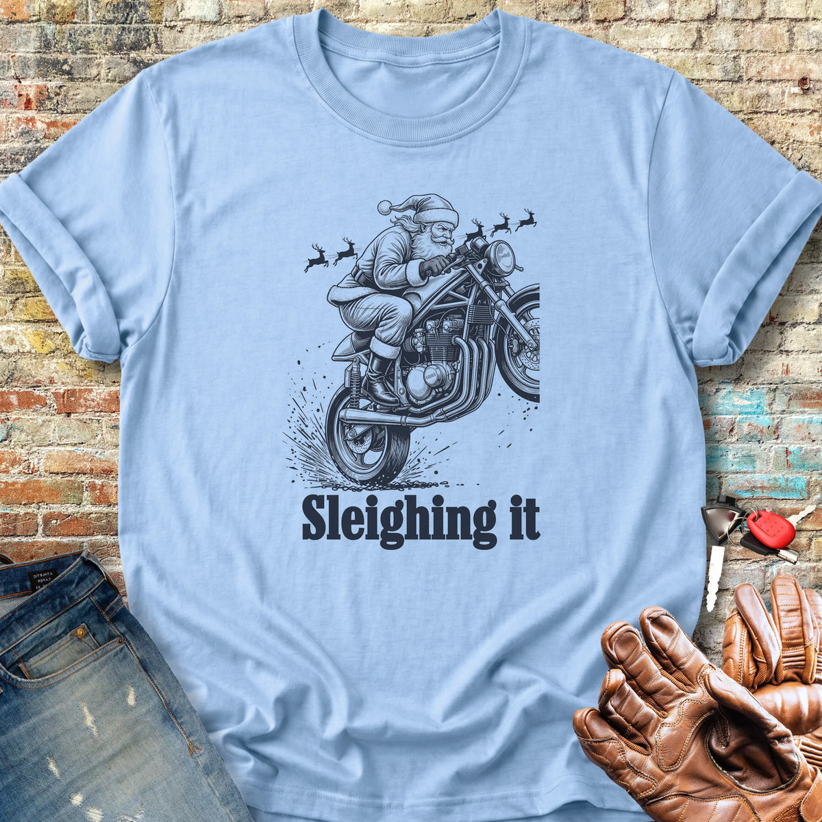 Santa Wheelie Classic T-Shirt - Light Blue