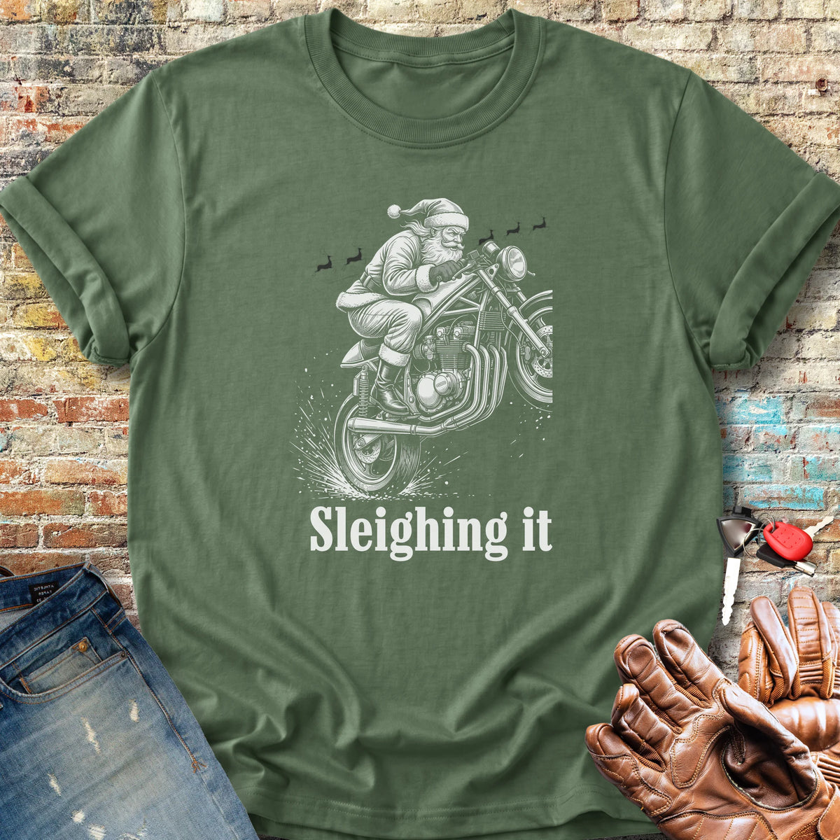 Santa Wheelie Classic T-Shirt - Military Green