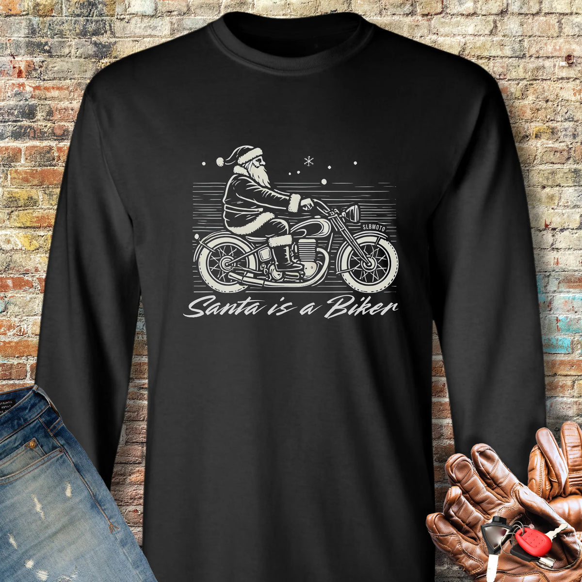 Santa Is A Biker Long Sleeve T-Shirt - Black