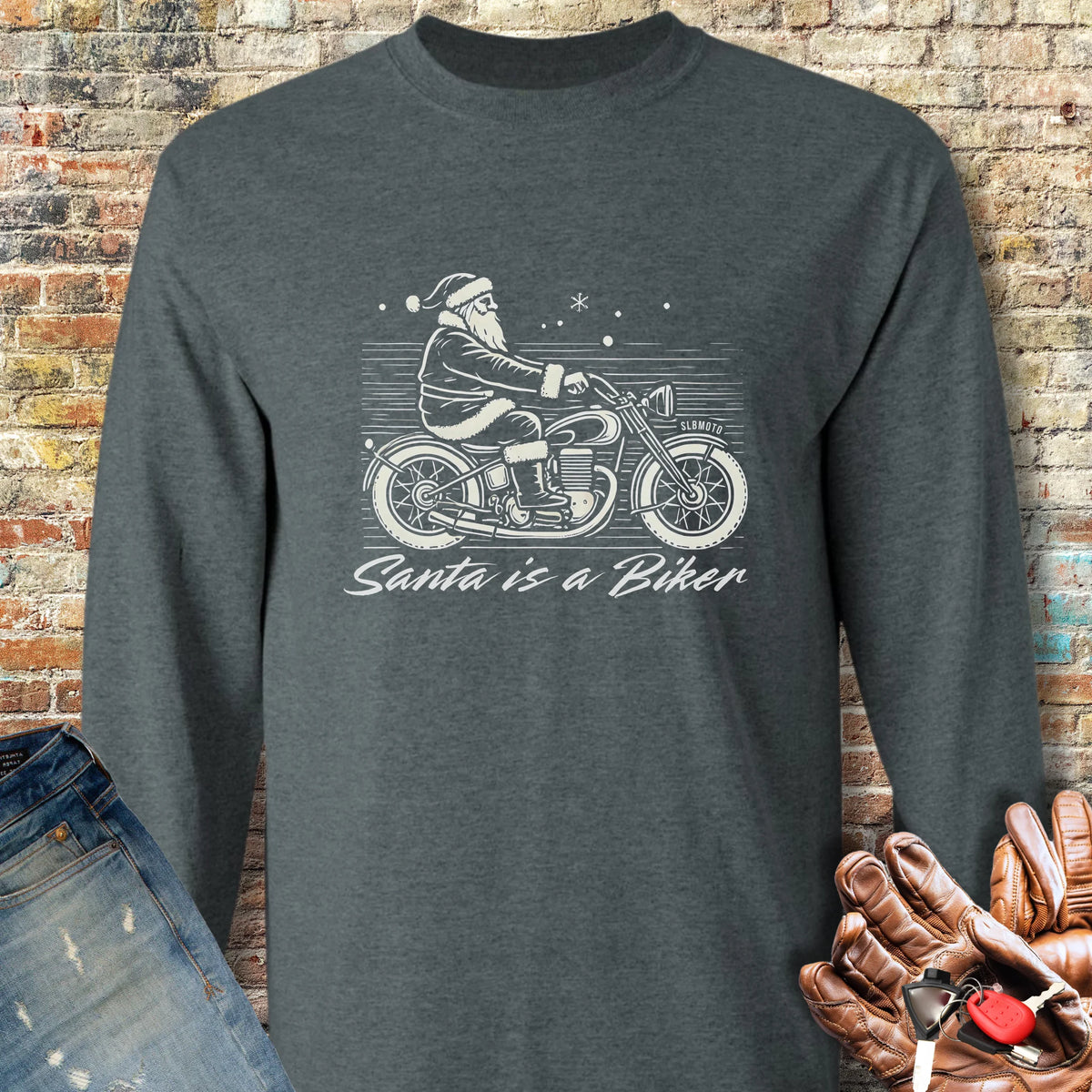 Santa Is A Biker Long Sleeve T-Shirt - Dark Heather