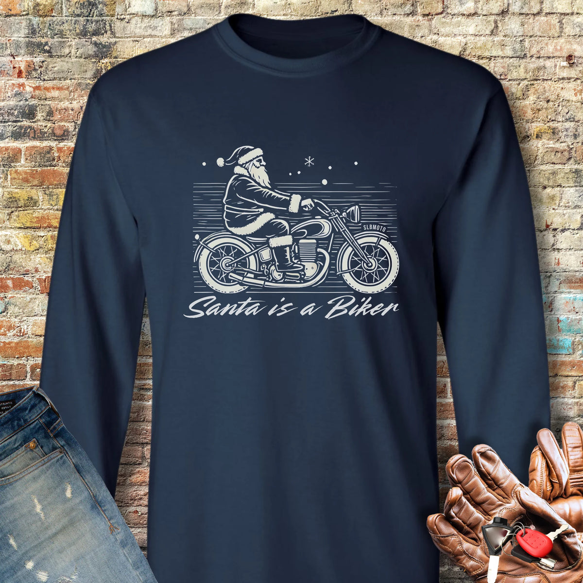 Santa Is A Biker Long Sleeve T-Shirt - Navy