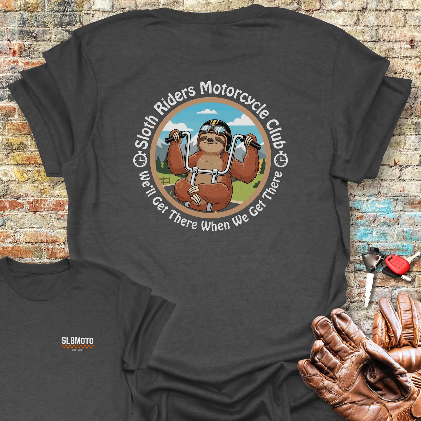 Sloth Riders Back Print T-Shirt - Dark Heather