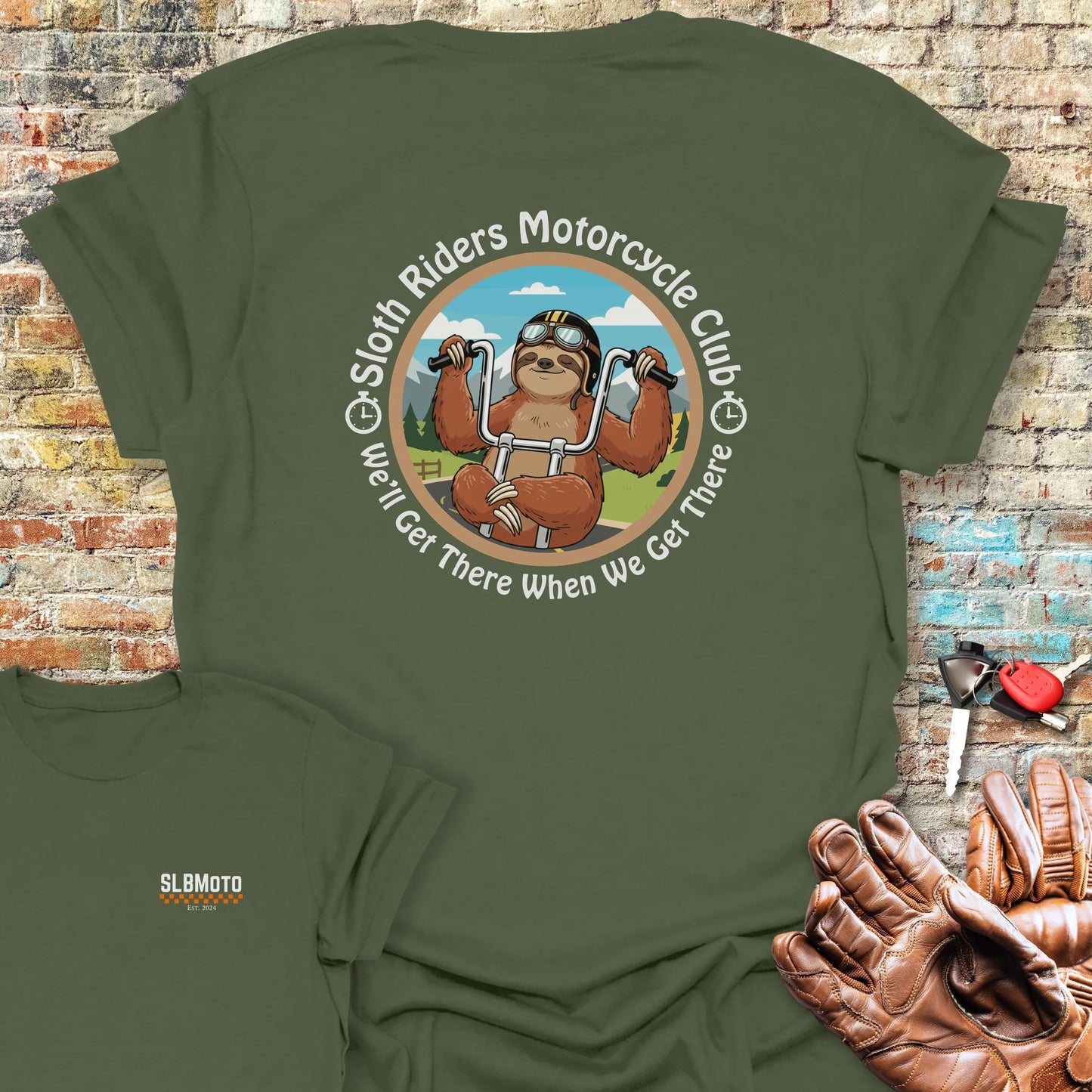 Sloth Riders Back Print T-Shirt - Military Green