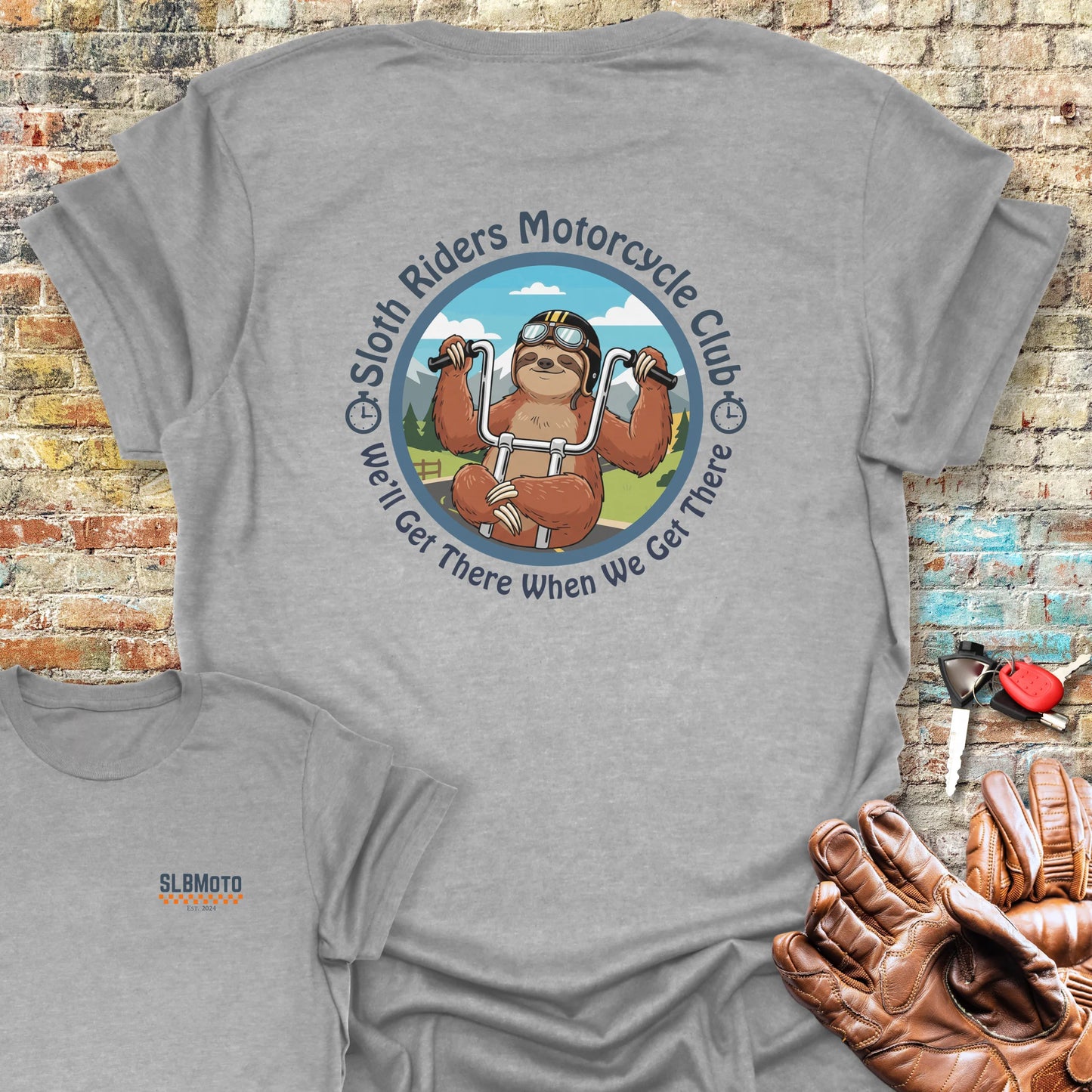 Sloth Riders Back Print T-Shirt - Sport Grey