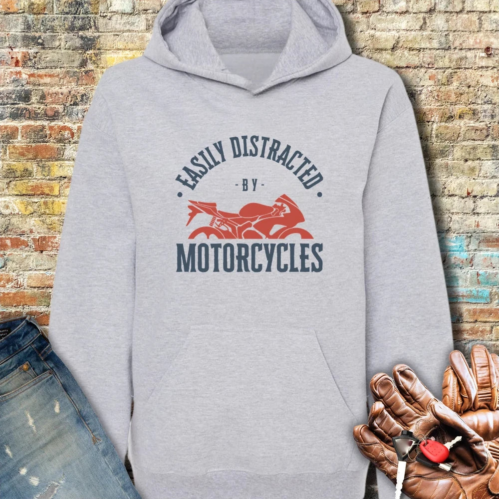 Easily Distracted By Motorcycles Dark Hoodie - Sport Grey