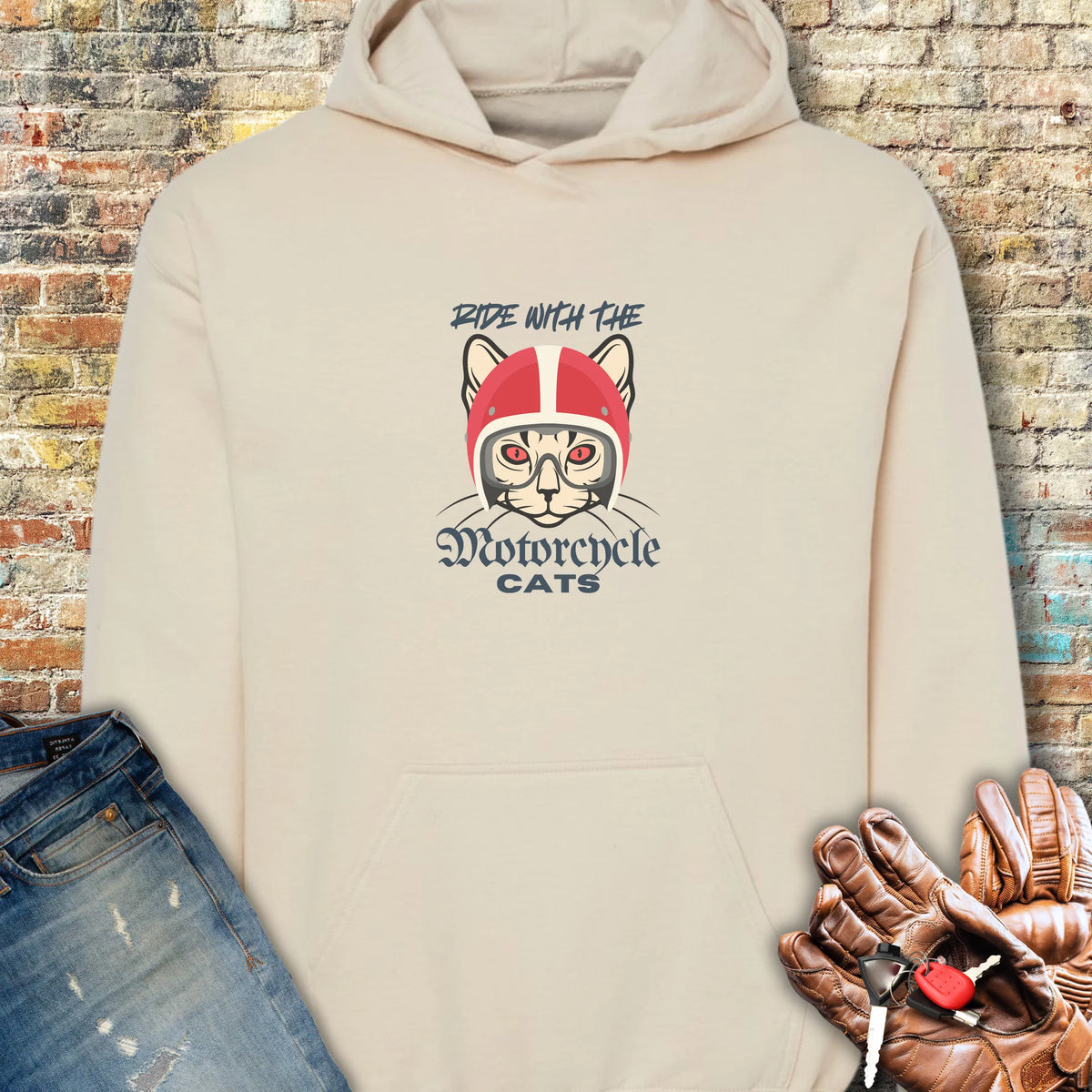 Motorcycle Cats Hoodie - Sand