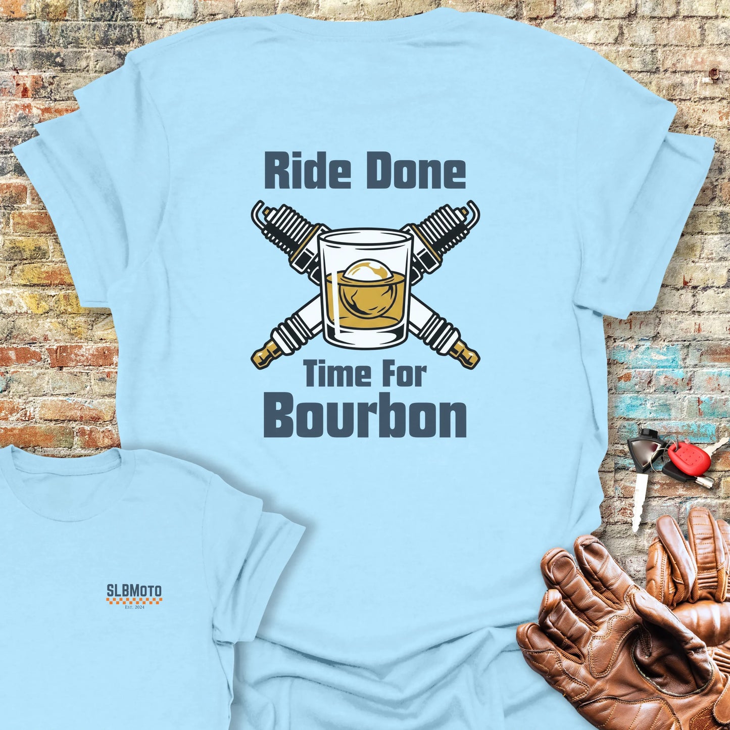 Time For Bourbon Back Print T-Shirt - Light Blue