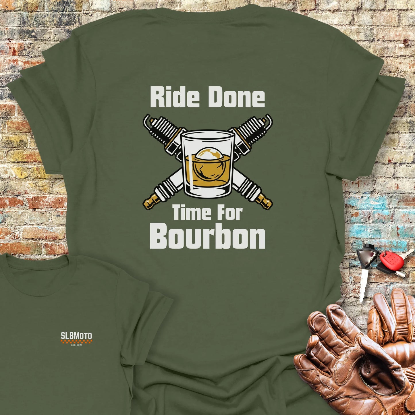 Time For Bourbon Back Print T-Shirt - Military Green