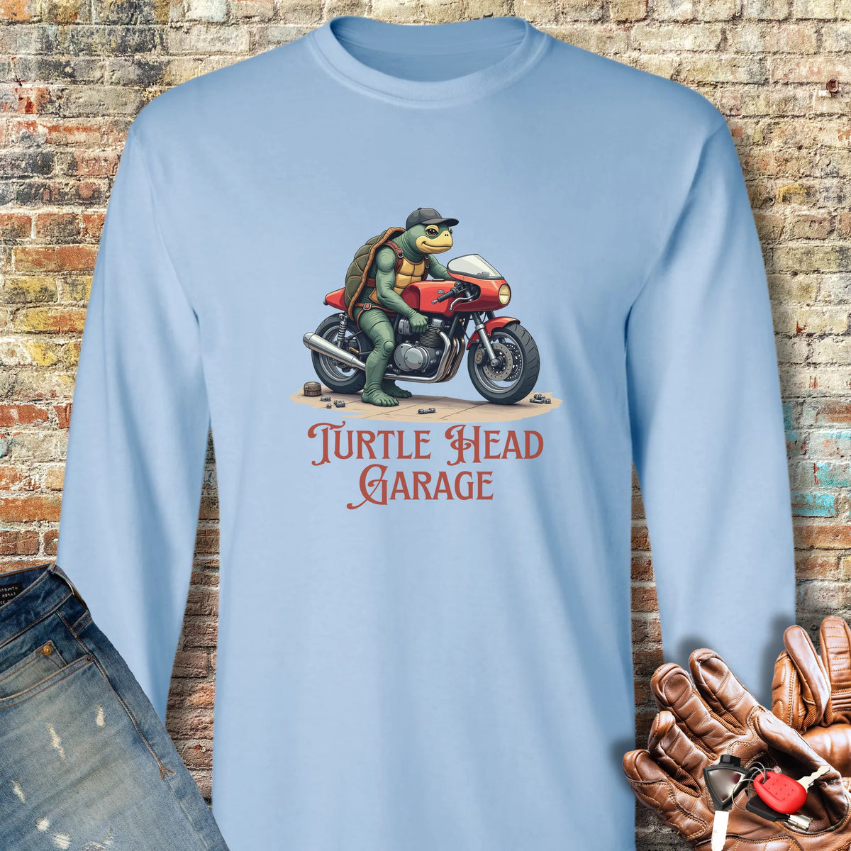 Turtle Head Garage Long Sleeve T-Shirt - Light Blue