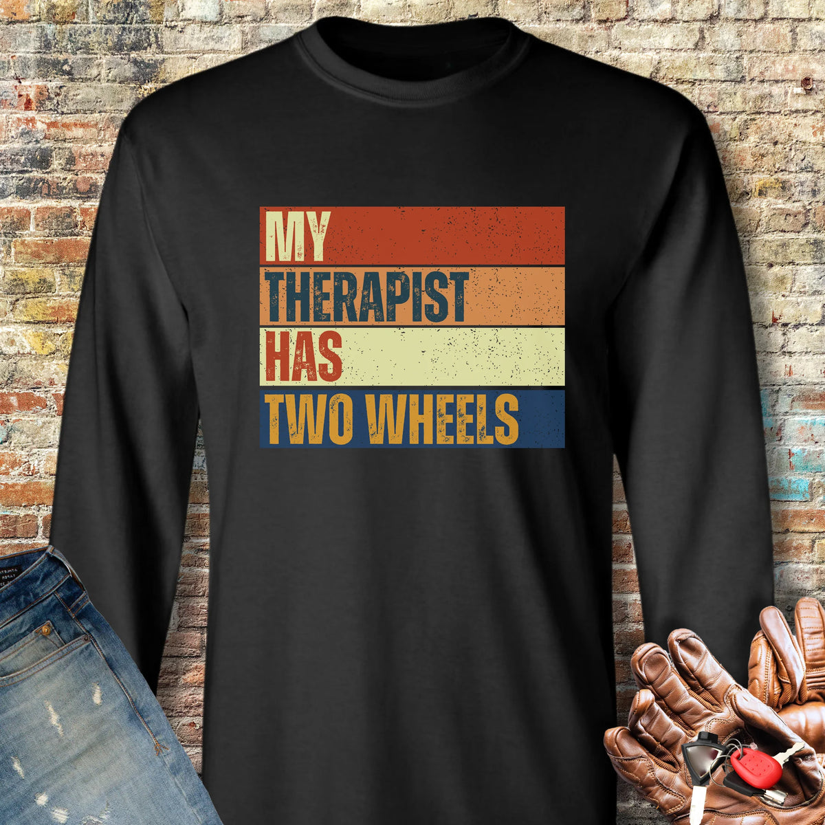 Two Wheel Therapist (Block) Long Sleeve T-Shirt - Black