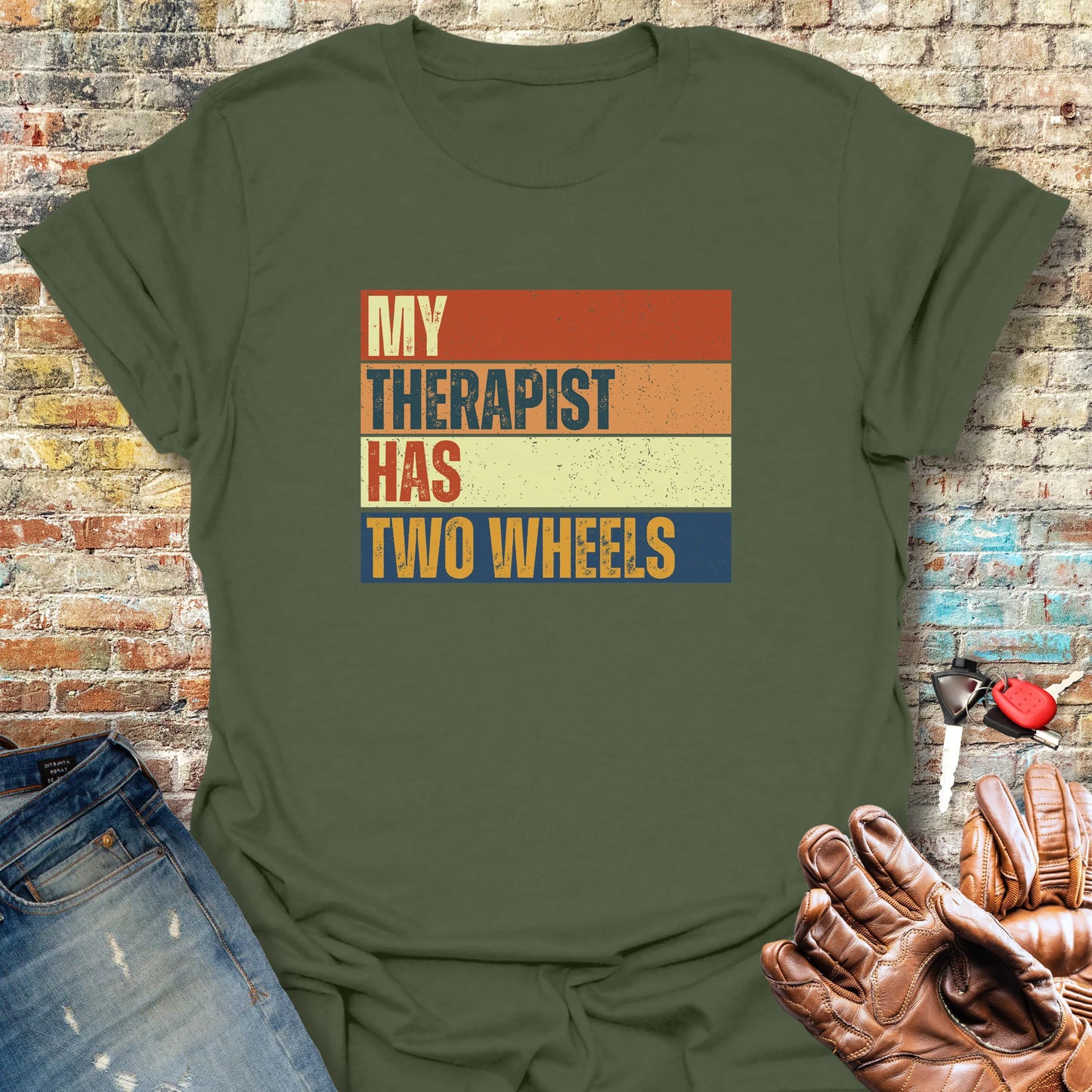 Two Wheel Therapist (Block) T-Shirt - Military Green