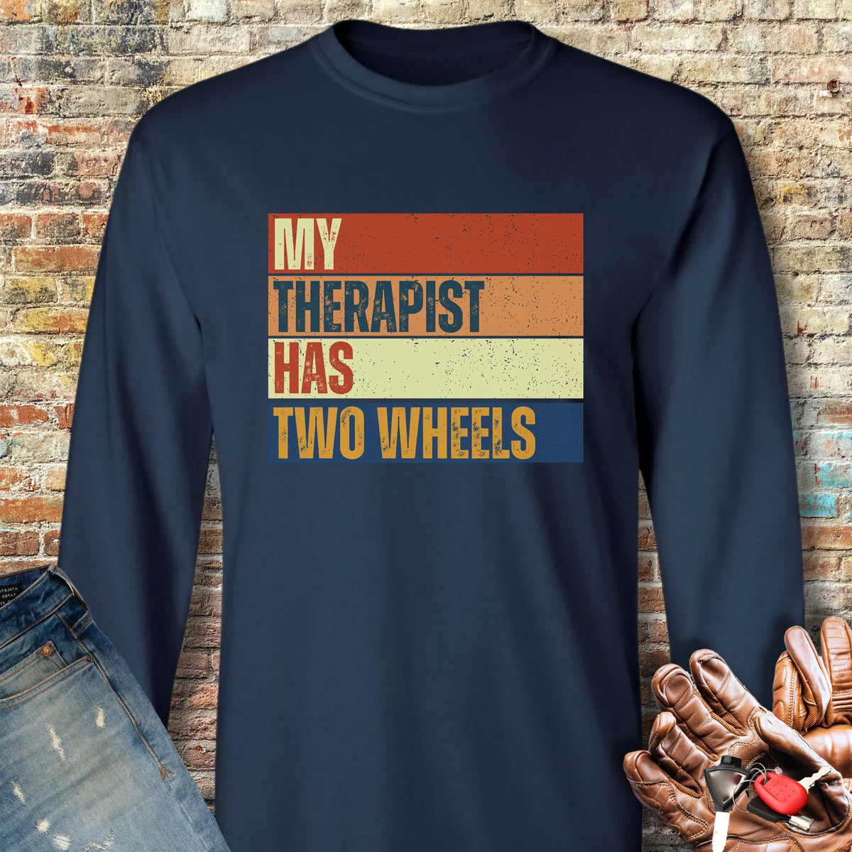 Two Wheel Therapist (Block) Long Sleeve T-Shirt - Navy
