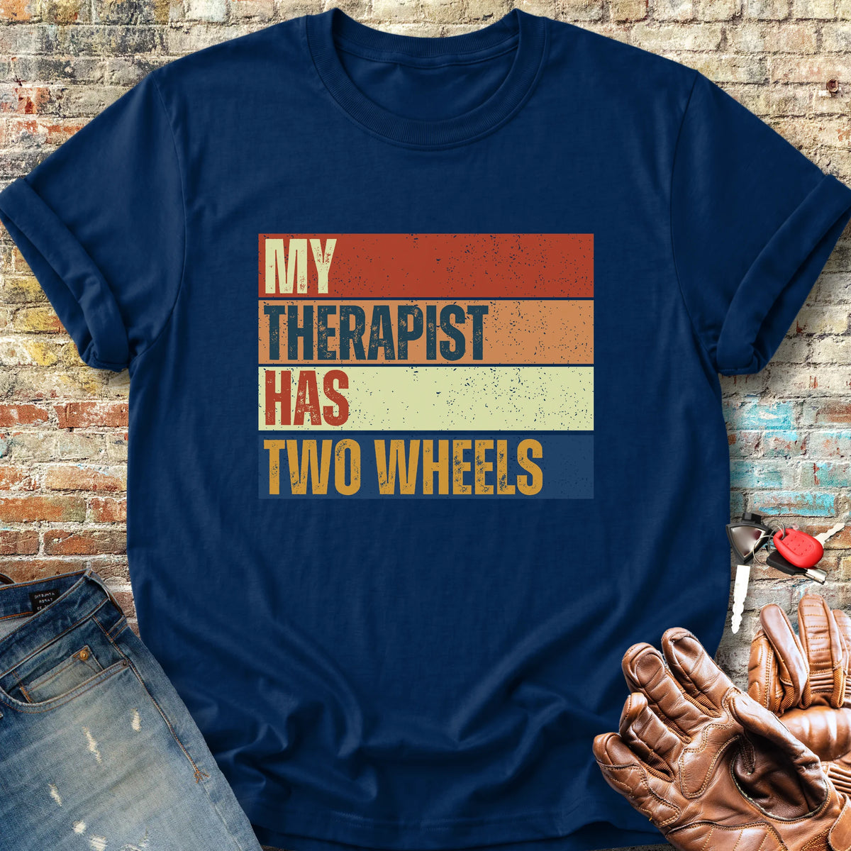 Two Wheel Therapist (Block) Classic T-Shirt - Navy