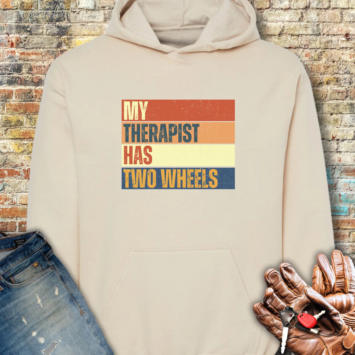 Two Wheel Therapist (Block) Hoodie - Sand