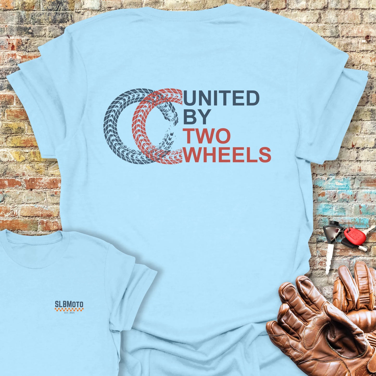 Two Wheels Back Print T-Shirt - Light Blue
