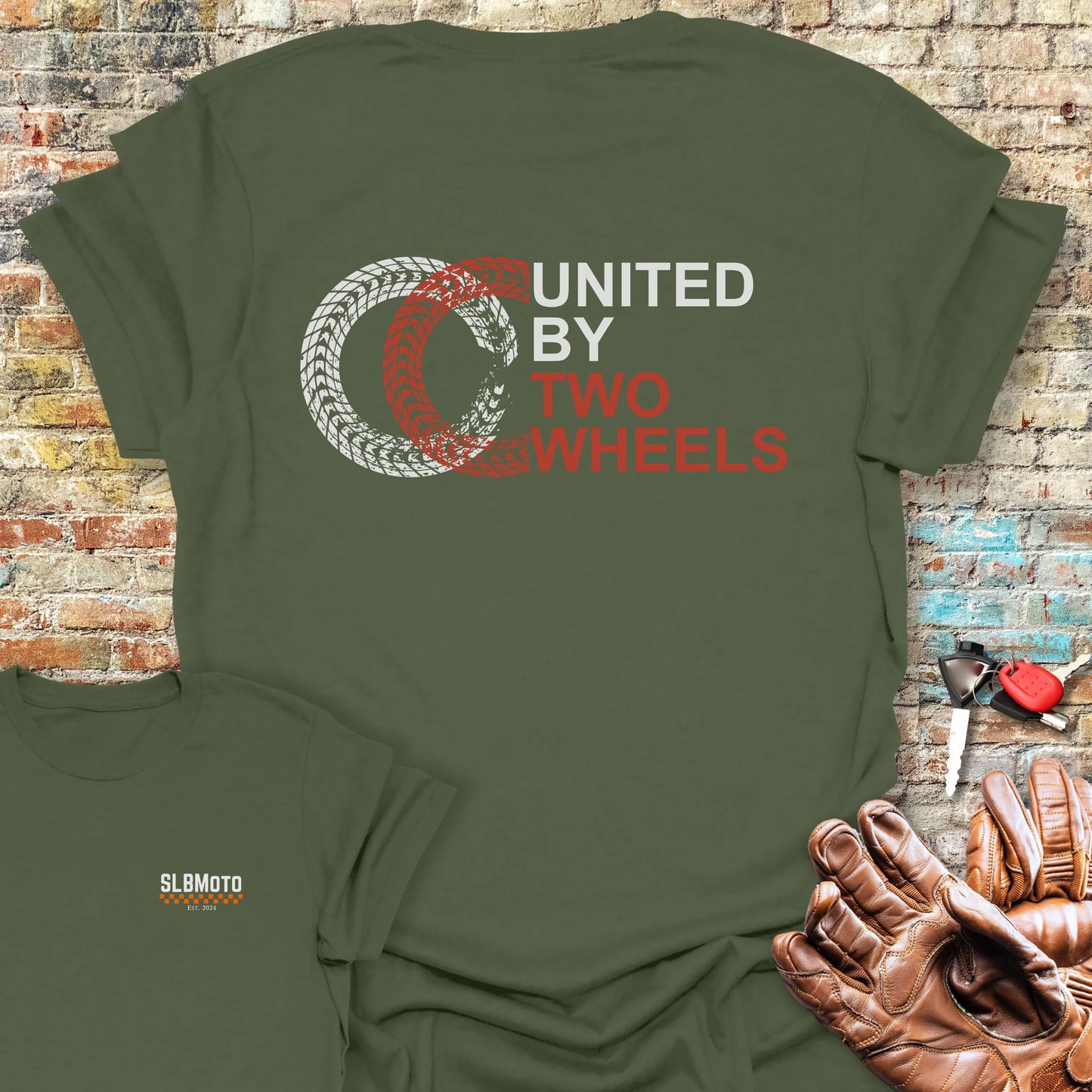 Two Wheels Back Print T-Shirt - Military Green