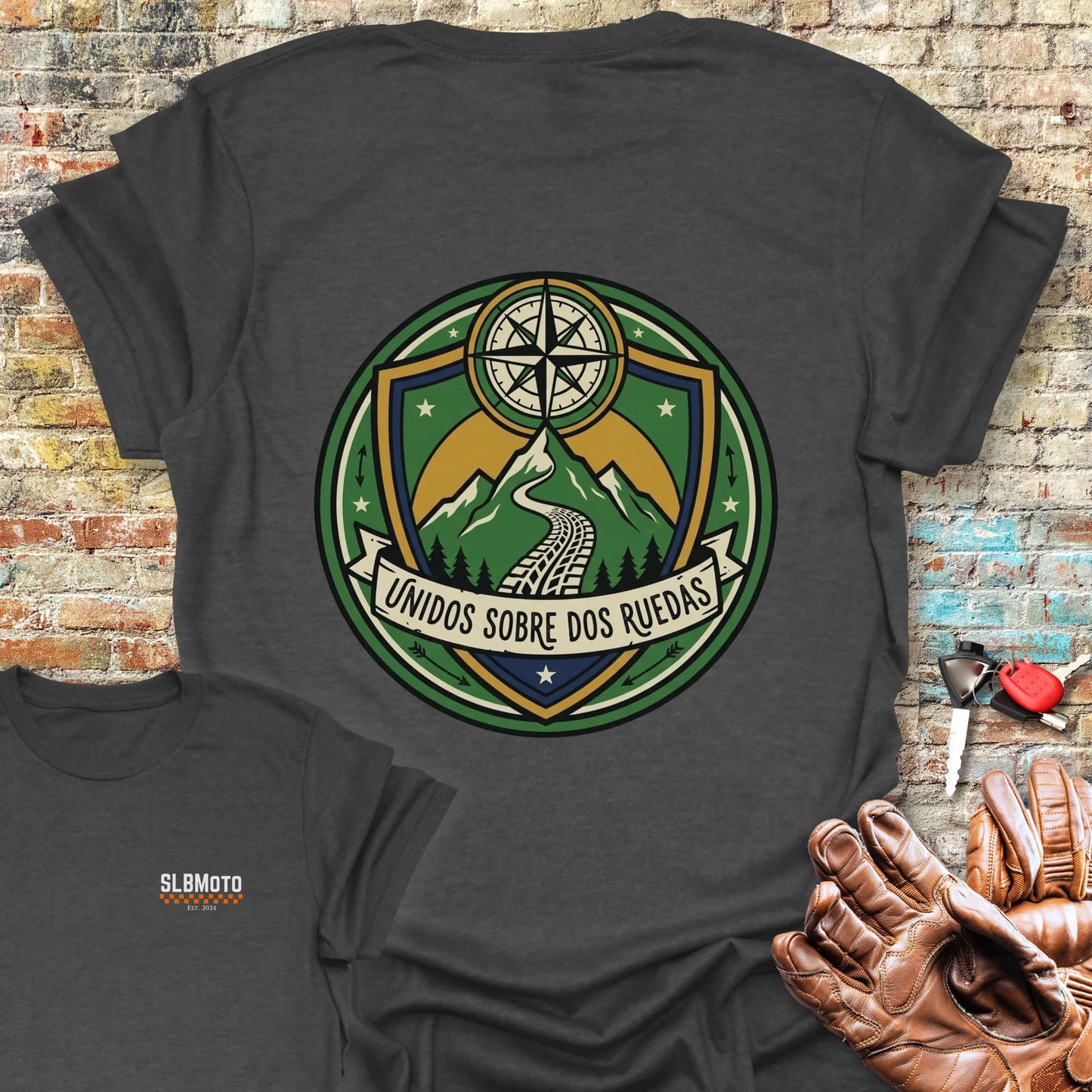 Unidos Sobre Dos Ruedas Back Print T-Shirt - Dark Heather