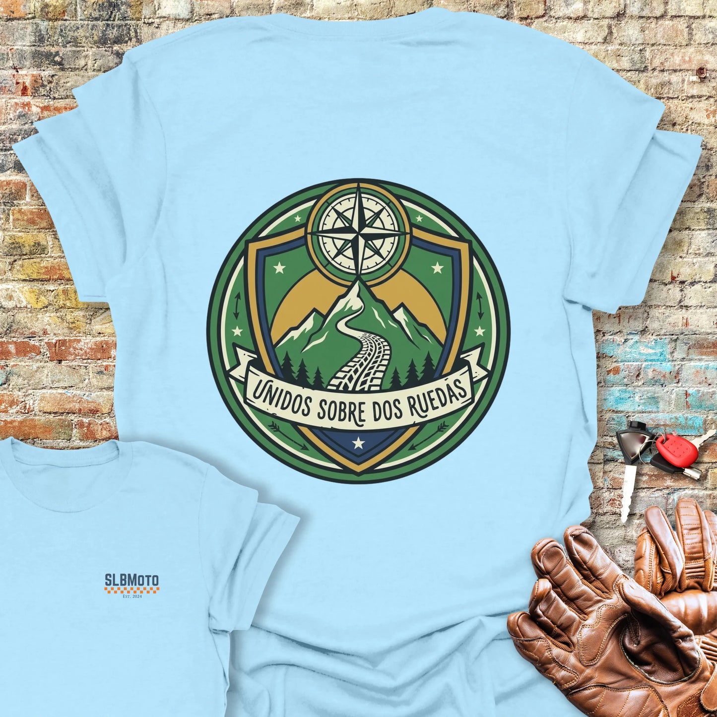 Unidos Sobre Dos Ruedas Back Print T-Shirt - Light Blue
