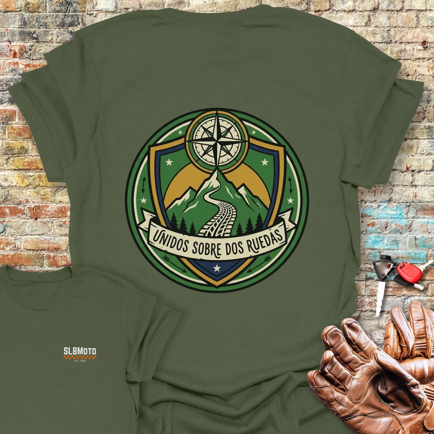 Unidos Sobre Dos Ruedas Back Print T-Shirt - Military Green