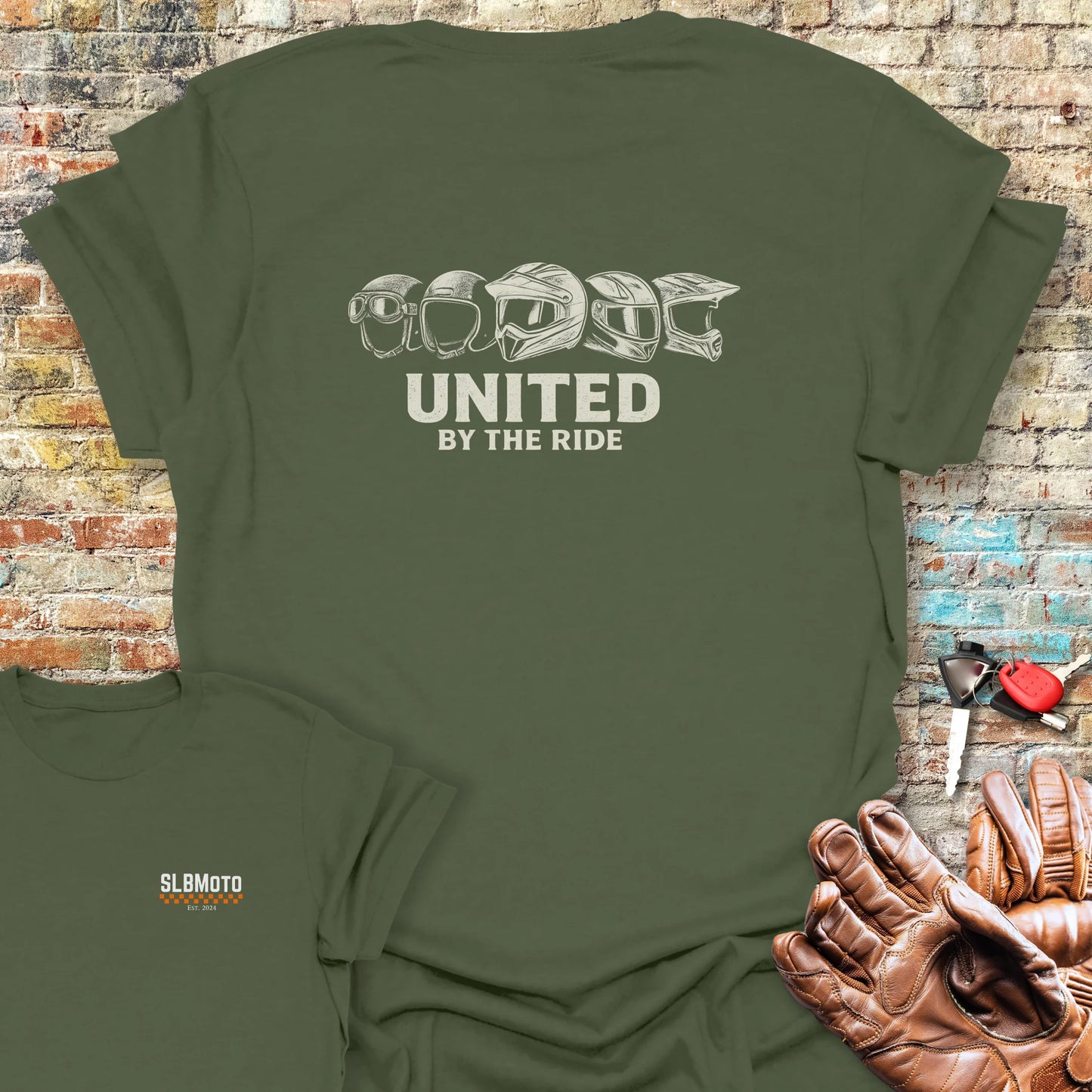 United By The Ride Back Print T-Shirt - Military Green