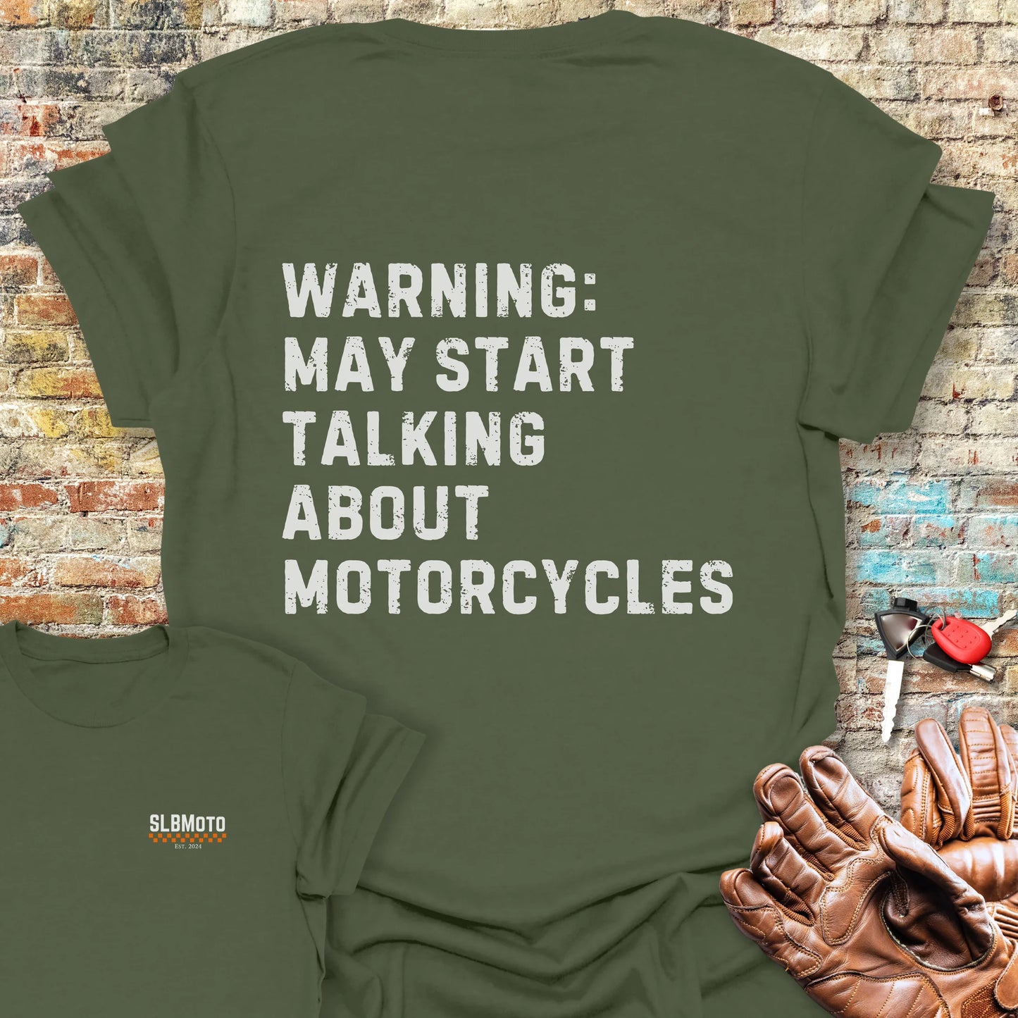 Warning (Text) Back Print T-Shirt - Military Green